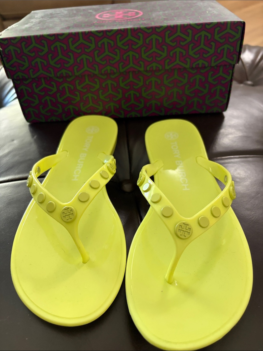 Tory Burch Lime Sherbet Studded Jelly Thong Sandals